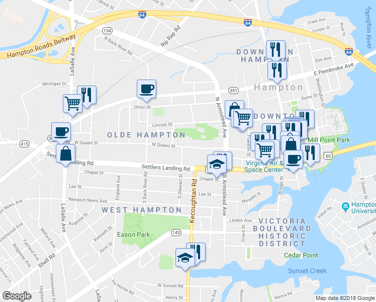 map of restaurants, bars, coffee shops, grocery stores, and more near 275 West Queen Street in Hampton