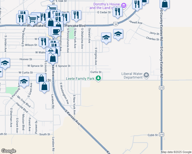map of restaurants, bars, coffee shops, grocery stores, and more near 612 Curtis Street in Liberal