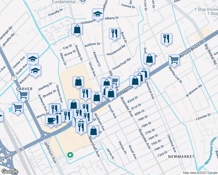 map of restaurants, bars, coffee shops, grocery stores, and more near 310 Adwood Court in Hampton