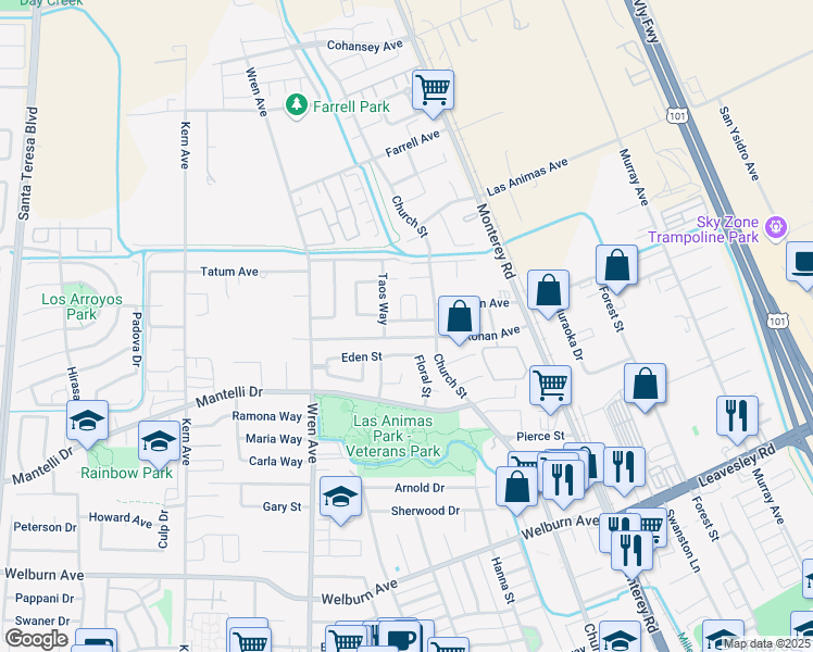 map of restaurants, bars, coffee shops, grocery stores, and more near 250 Santa Fe Drive in Gilroy