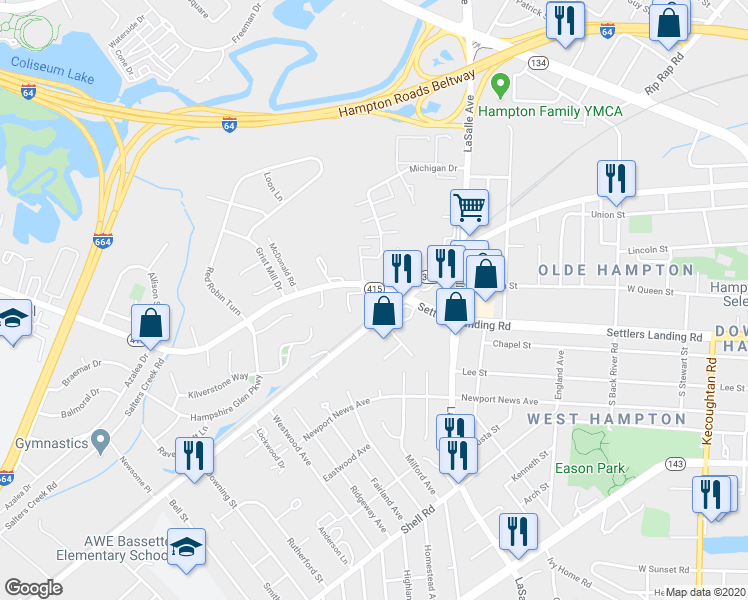 map of restaurants, bars, coffee shops, grocery stores, and more near 1110 West Pembroke Avenue in Hampton