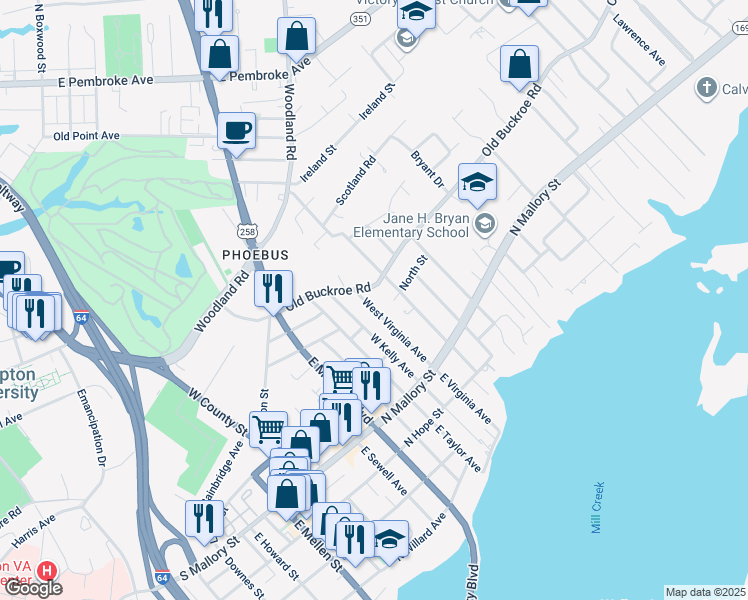 map of restaurants, bars, coffee shops, grocery stores, and more near 72 West Virginia Avenue in Hampton