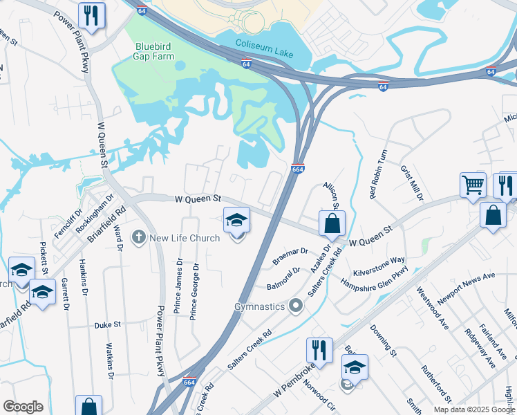 map of restaurants, bars, coffee shops, grocery stores, and more near 1456 West Queen Street in Hampton