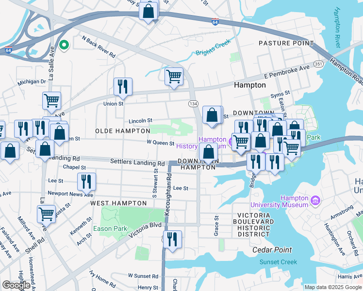map of restaurants, bars, coffee shops, grocery stores, and more near 231 West Queen Street in Hampton
