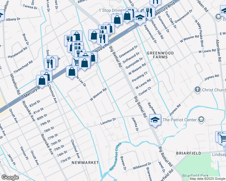 map of restaurants, bars, coffee shops, grocery stores, and more near 3418 Pershing Court in Hampton