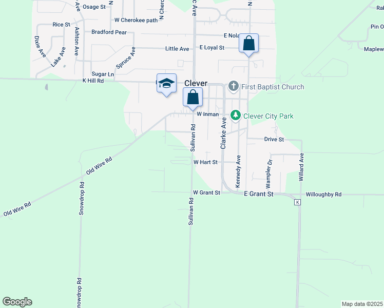 map of restaurants, bars, coffee shops, grocery stores, and more near 401-413 Sullivan Rd in Clever