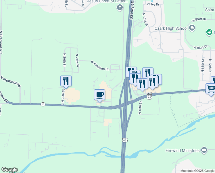 map of restaurants, bars, coffee shops, grocery stores, and more near 900 North 20th Street in Ozark