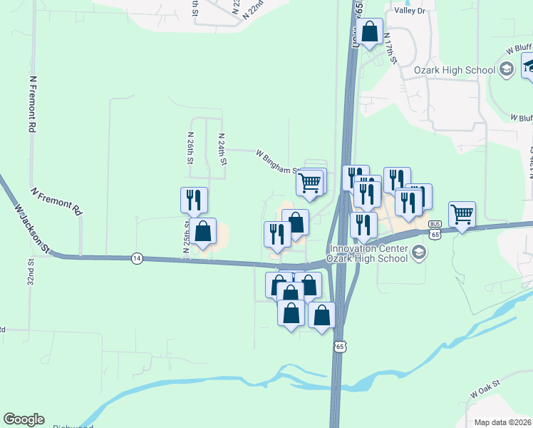 map of restaurants, bars, coffee shops, grocery stores, and more near 720 North 22nd Street in Ozark