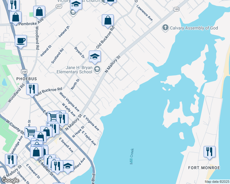map of restaurants, bars, coffee shops, grocery stores, and more near 936 Wilson Lane in Hampton