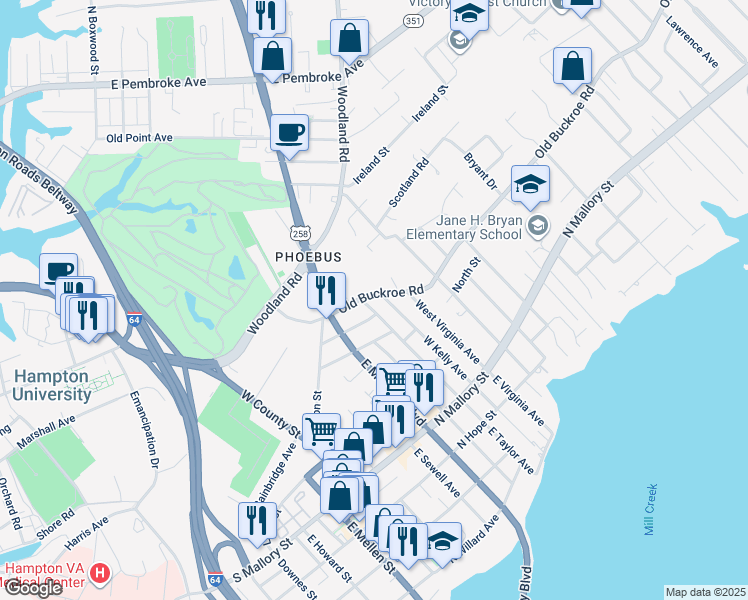 map of restaurants, bars, coffee shops, grocery stores, and more near 404 Old Buckroe Road in Hampton