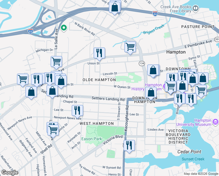 map of restaurants, bars, coffee shops, grocery stores, and more near 344 West Queen Street in Hampton