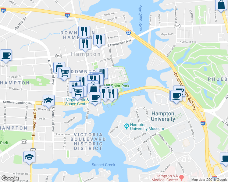 map of restaurants, bars, coffee shops, grocery stores, and more near 2 Eaton Street in Hampton
