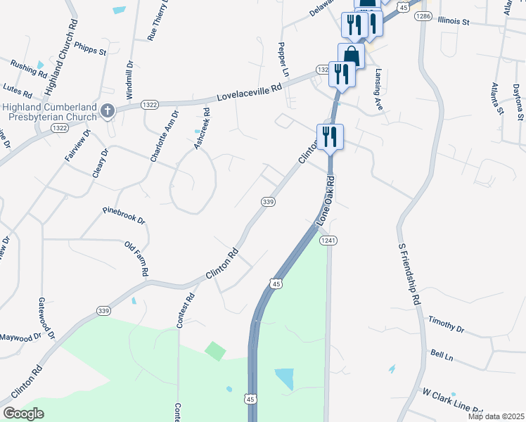 map of restaurants, bars, coffee shops, grocery stores, and more near 3649-3807 Clinton Road in Paducah