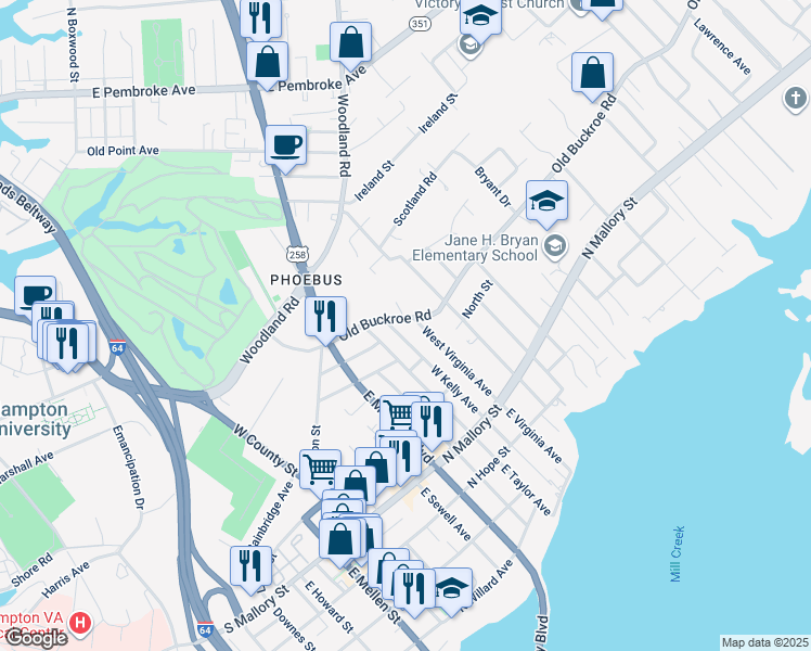 map of restaurants, bars, coffee shops, grocery stores, and more near 508 Old Buckroe Road in Hampton