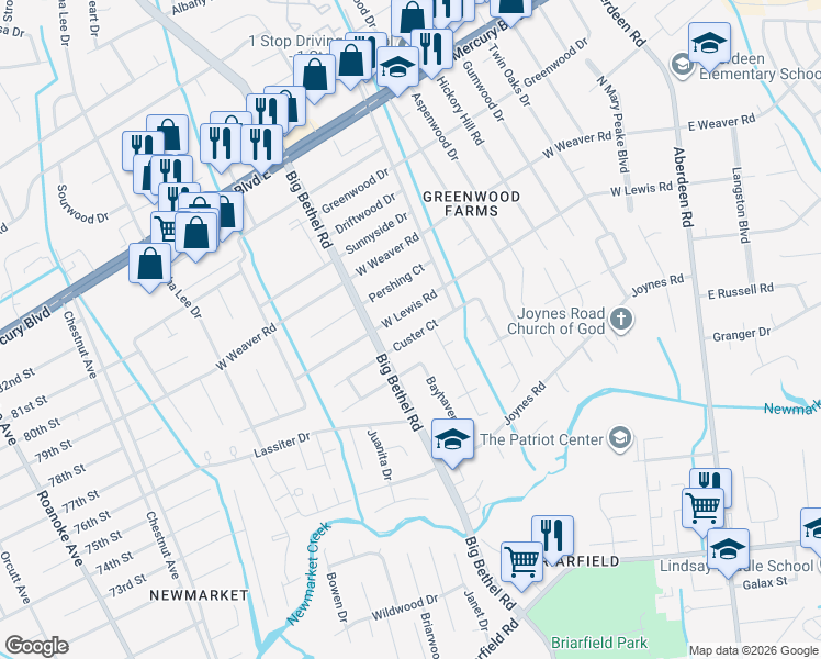 map of restaurants, bars, coffee shops, grocery stores, and more near 3310 Custer Court in Hampton