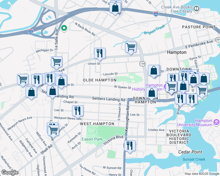 map of restaurants, bars, coffee shops, grocery stores, and more near 344 West Queen Street in Hampton