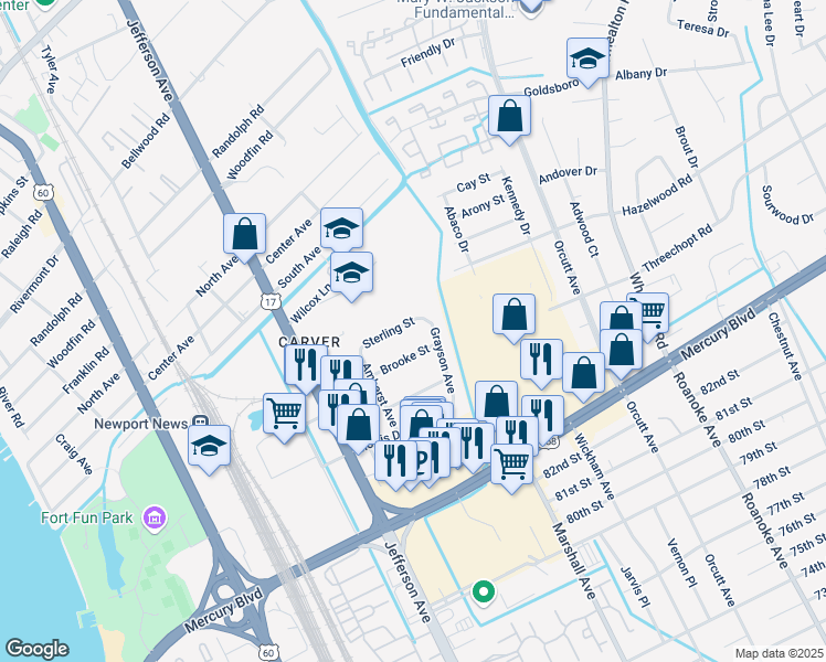 map of restaurants, bars, coffee shops, grocery stores, and more near 636 Sterling Street in Newport News