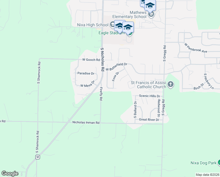 map of restaurants, bars, coffee shops, grocery stores, and more near 817 Foxx Drive in Nixa