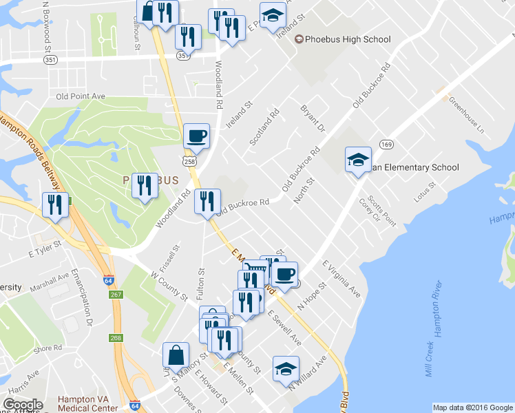 map of restaurants, bars, coffee shops, grocery stores, and more near 508 Old Buckroe Road in Hampton
