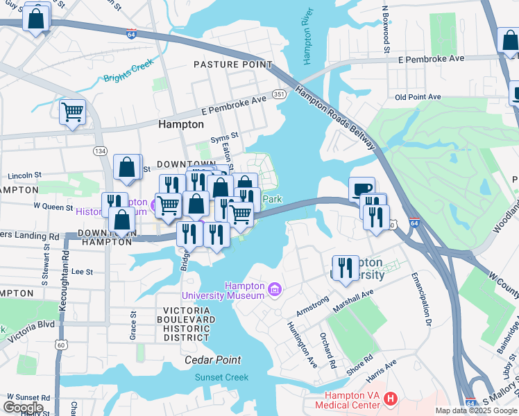 map of restaurants, bars, coffee shops, grocery stores, and more near 100 Eaton Street in Hampton