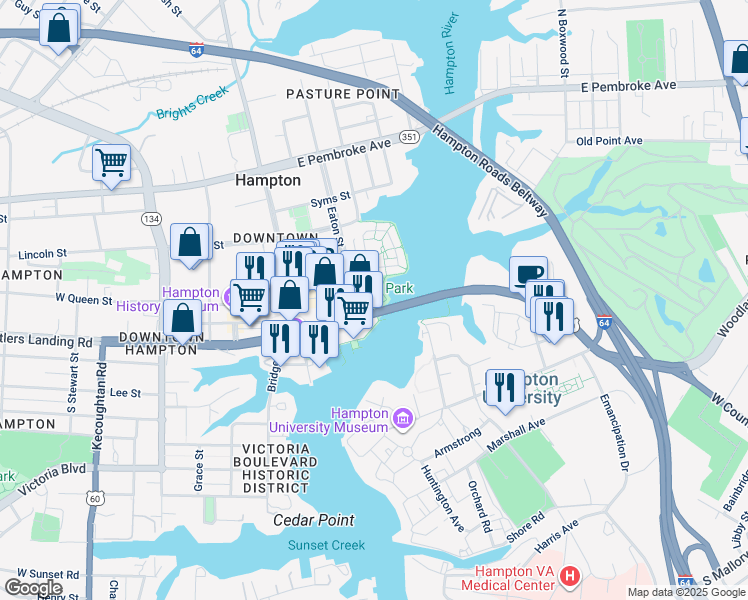 map of restaurants, bars, coffee shops, grocery stores, and more near 2 Eaton Street in Hampton