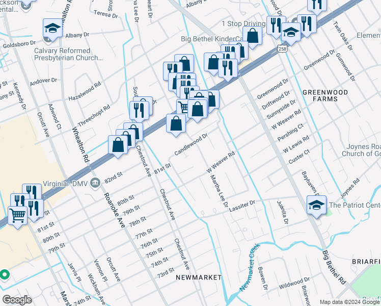 map of restaurants, bars, coffee shops, grocery stores, and more near 245 Bannon Court in Hampton