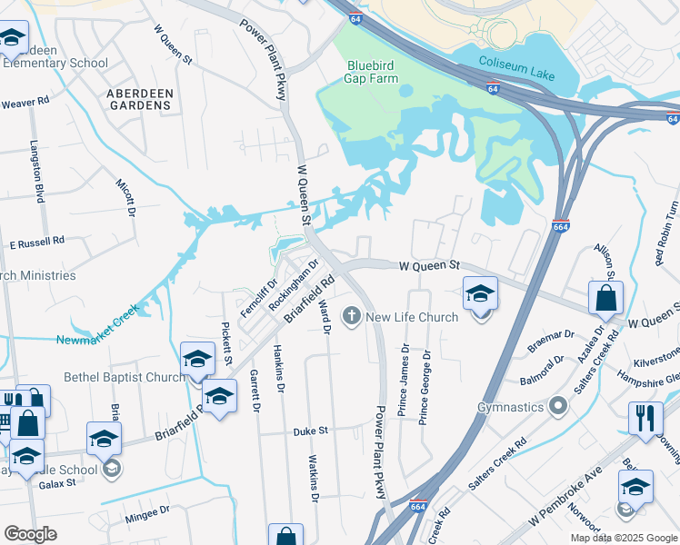 map of restaurants, bars, coffee shops, grocery stores, and more near Power Plant Parkway in Hampton