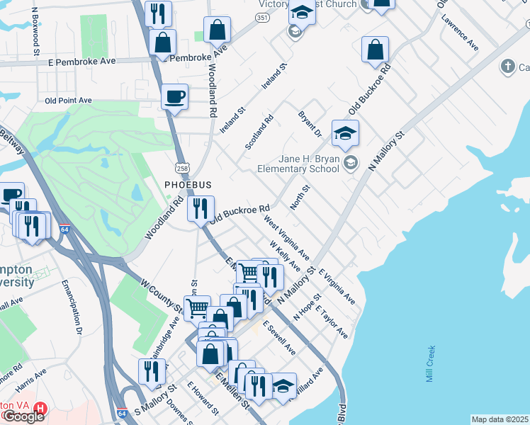 map of restaurants, bars, coffee shops, grocery stores, and more near 600 Old Buckroe Road in Hampton
