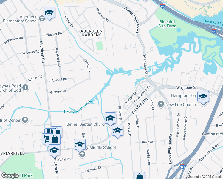 map of restaurants, bars, coffee shops, grocery stores, and more near 5 Evans Street in Hampton