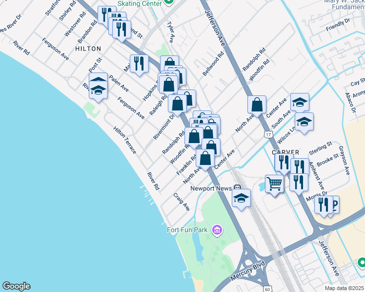 map of restaurants, bars, coffee shops, grocery stores, and more near 57 Woodfin Road in Newport News