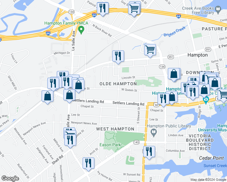 map of restaurants, bars, coffee shops, grocery stores, and more near 509 West Queen Street in Hampton