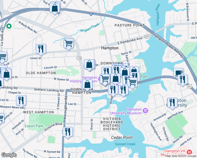 map of restaurants, bars, coffee shops, grocery stores, and more near 120 W Queens Way in Hampton
