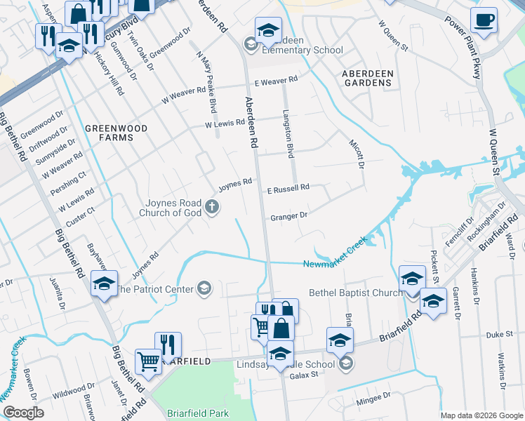 map of restaurants, bars, coffee shops, grocery stores, and more near Aberdeen Road in Hampton
