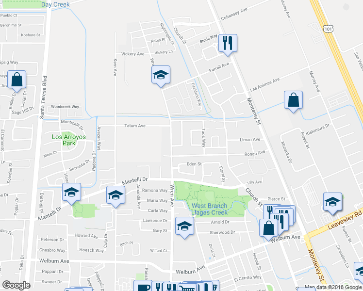 map of restaurants, bars, coffee shops, grocery stores, and more near 539 El Invierno Drive in Gilroy