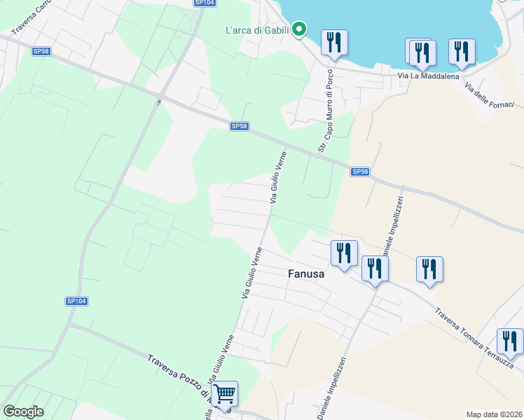 map of restaurants, bars, coffee shops, grocery stores, and more near 6 Via Filosseno in Fanusa
