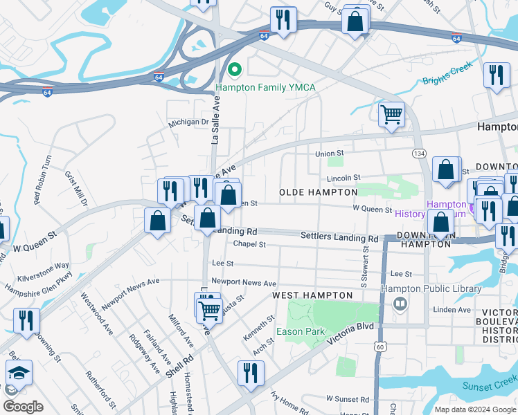 map of restaurants, bars, coffee shops, grocery stores, and more near 807 West Queen Street in Hampton
