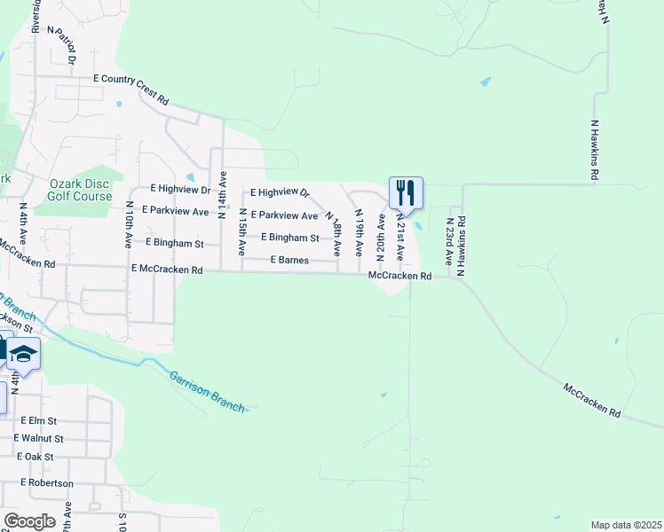 map of restaurants, bars, coffee shops, grocery stores, and more near 1710 East Barnes in Ozark
