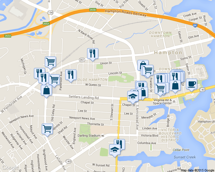 map of restaurants, bars, coffee shops, grocery stores, and more near 357 West Queen Street in Hampton