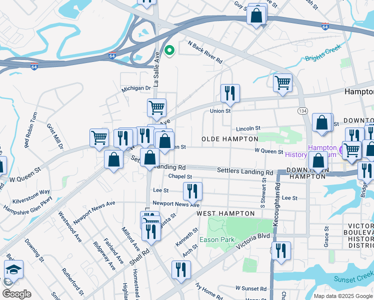 map of restaurants, bars, coffee shops, grocery stores, and more near 807 West Queen Street in Hampton