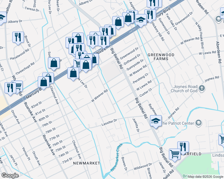 map of restaurants, bars, coffee shops, grocery stores, and more near 3417 West Weaver Road in Hampton