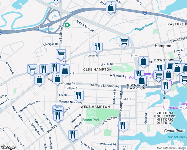 map of restaurants, bars, coffee shops, grocery stores, and more near 521 East Queen Street in Hampton