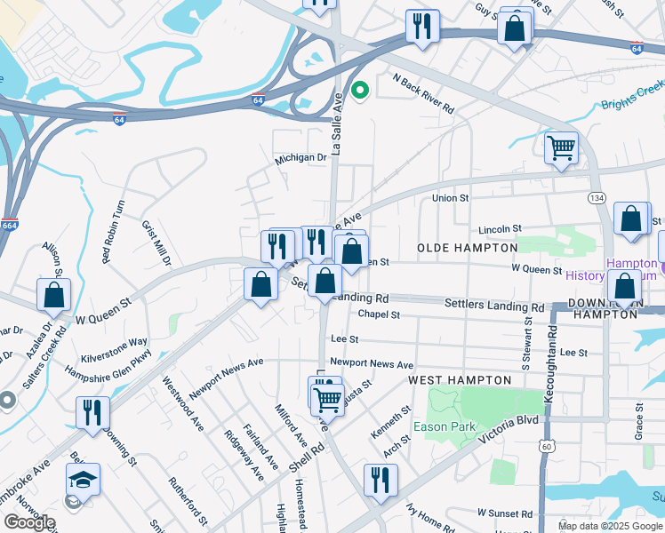map of restaurants, bars, coffee shops, grocery stores, and more near 922 LaSalle Avenue in Hampton