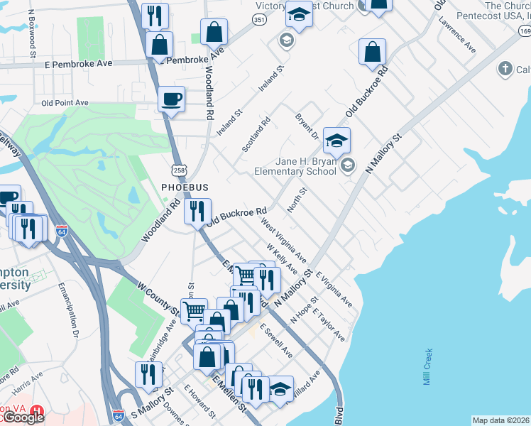 map of restaurants, bars, coffee shops, grocery stores, and more near 604 Old Buckroe Road in Hampton