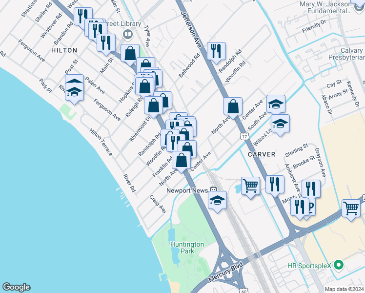map of restaurants, bars, coffee shops, grocery stores, and more near 9700 Warwick Blvd in Newport News