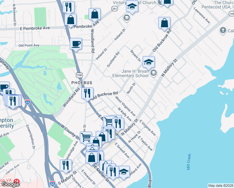 map of restaurants, bars, coffee shops, grocery stores, and more near 604 Old Buckroe Road in Hampton