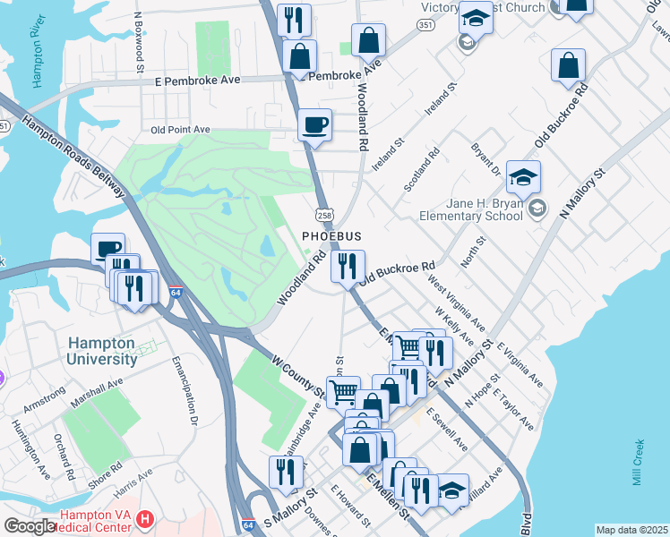 map of restaurants, bars, coffee shops, grocery stores, and more near 151 Old Buckroe Road in Hampton