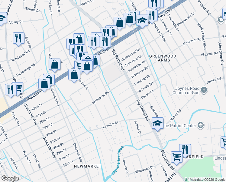map of restaurants, bars, coffee shops, grocery stores, and more near 3417 West Weaver Road in Hampton