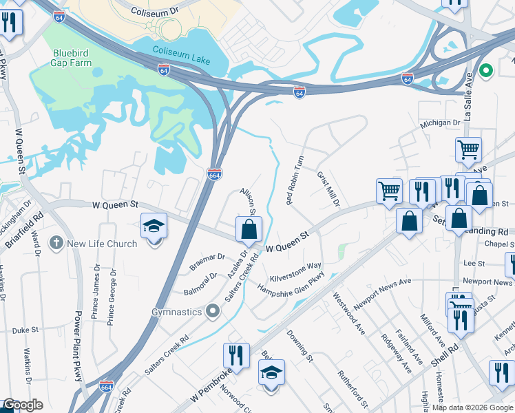 map of restaurants, bars, coffee shops, grocery stores, and more near 22 Allison Sutton Drive in Hampton