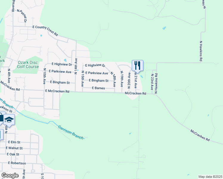 map of restaurants, bars, coffee shops, grocery stores, and more near 1710 East Barnes in Ozark