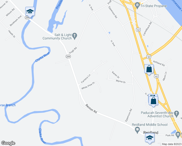 map of restaurants, bars, coffee shops, grocery stores, and more near 175 Fantacy Lane in Paducah
